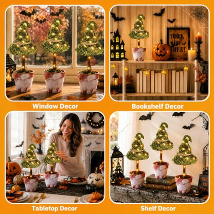 Halloween Witch Hat Topiary Plant Decor with LED Lights - 3 Pieces, Woodland Style