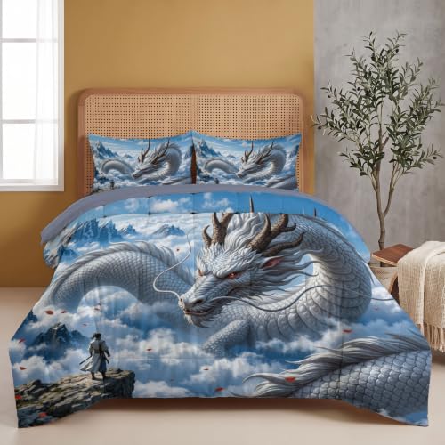 Full Sky Blue Quilt Set with Dragon Print 3 Pieces - All Season Bedding