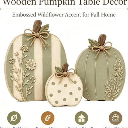 Wooden Pumpkin Decor Set - Rustic Fall Autumn Centerpieces, Sage & Cream