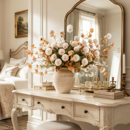 Artificial Flowers Set - 12Pcs Faux Silk Pompon Mums & Eucalyptus Beige