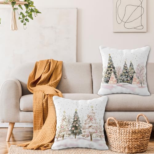 Christmas Tree Pillow Covers Set of 2 - Pink and Gold Holiday Decor 18x18 Inches