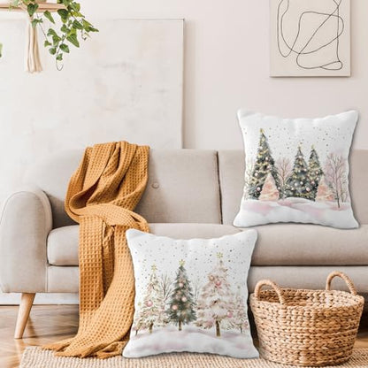 Christmas Tree Pillow Covers Set of 2 - Pink and Gold Holiday Decor 18x18 Inches