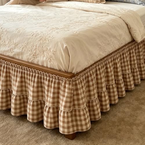Brown and White Gingham Bed Skirt with Ruffles, 16-Inch Drop