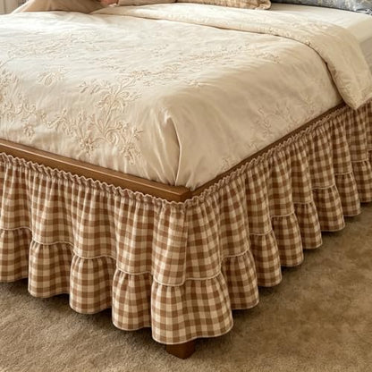 Brown and White Gingham Bed Skirt with Ruffles, 16-Inch Drop