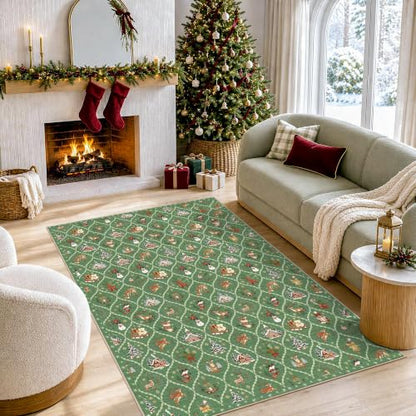 Sage Green Christmas Area Rug 4x6 Washable Non-Slip Holiday Vintage Lattice