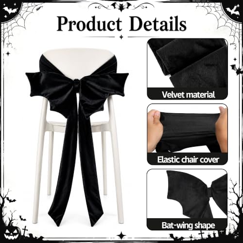 Black Velvet Chair Bow Sashes - Halloween Decor, 4 Pcs - Bat Wing Design