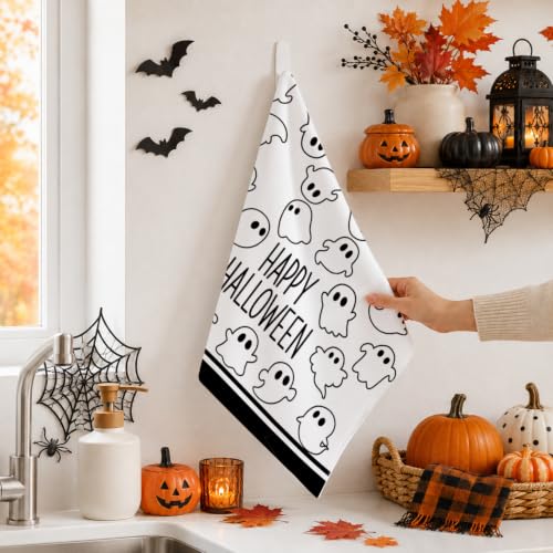 Halloween Kitchen Towels Set with Ghost Prints - 4 Pack, 18 x 26 in, Black & White