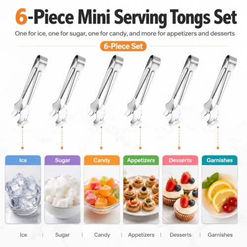 6-Piece Stainless Steel Ice Tongs Set - Mini 4.33 Inch Serving Utensils