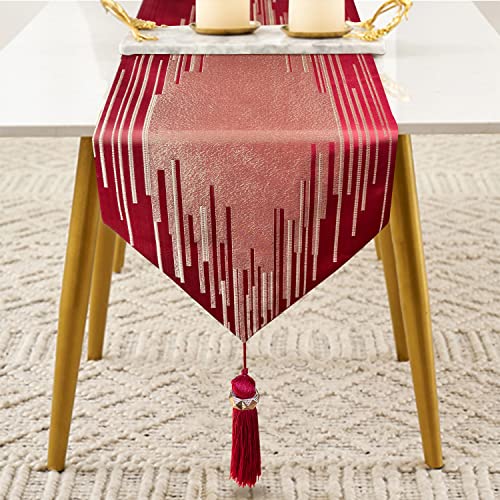 Red Gold Modern Abstract Geometric Table Runner 13 x 72 Inches with Tassels