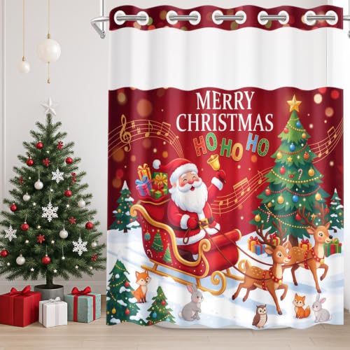 No Hook Christmas Santa Shower Curtain with Snap-in Liner 71x74 Inches - Holiday Bathroom Decor