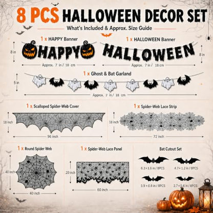Halloween Indoor Decorations Set with Webs, Bat Stickers & Table Runners