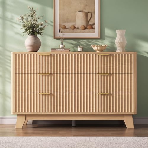Jocoevol Fluted 6-Drawer Dresser with Gold Handles, Natural Finish