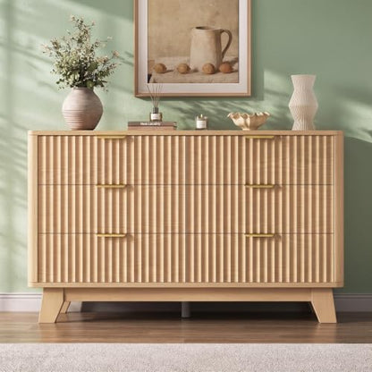 Jocoevol Fluted 6-Drawer Dresser with Gold Handles, Natural Finish