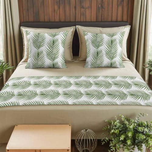 Queen Size Bed Runner with Matching Pillow Covers - Green Palm Leaves 83x20 in Forest