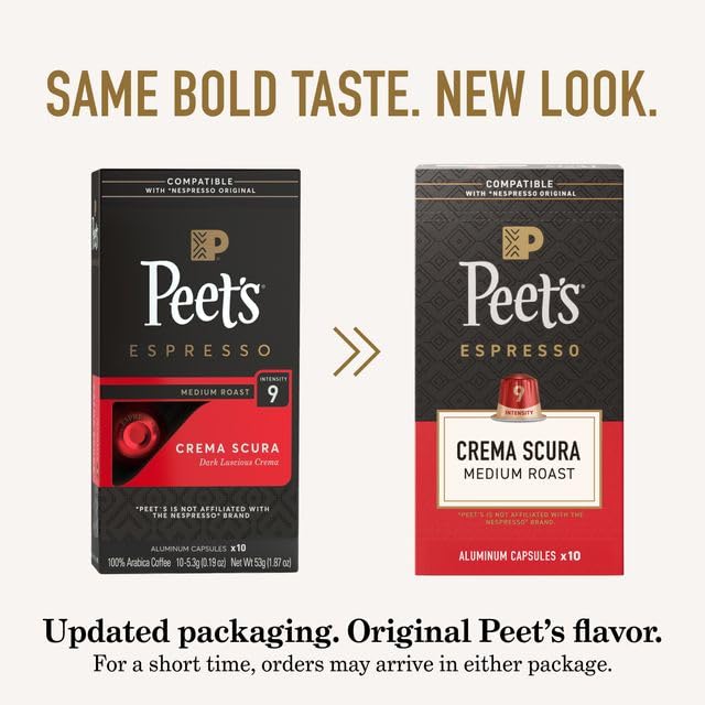 Peet's Coffee Medium Roast Espresso Capsules - 100% Arabica, Intensity 9, 50 Count (5 Boxes of 10)