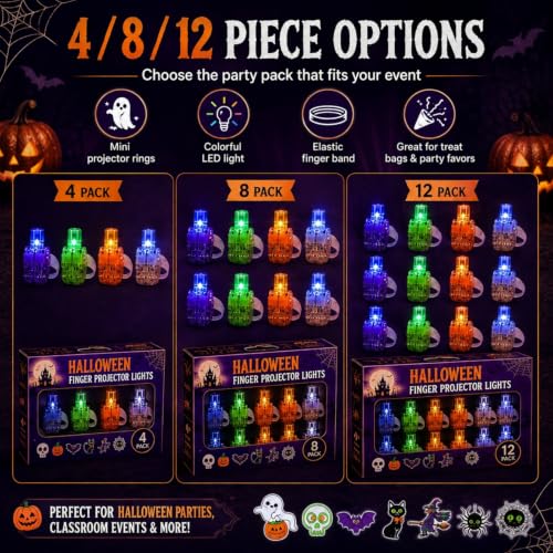 Halloween Finger Projection Lights - 8 pcs Finger Ring Projectors with Festive Patterns