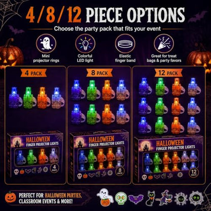 Halloween Finger Projection Lights - 8 pcs Finger Ring Projectors with Festive Patterns