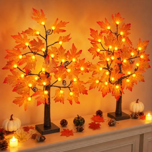 2 Pack 24-Inch Fall Maple Tree with Lights & Timer - Indoor Thanksgiving Decor Style 2
