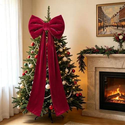 Large Velvet Christmas Tree Topper Bow - Red Burgundy Holiday Decor 60x16 In