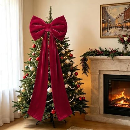 Large Velvet Christmas Tree Topper Bow - Red Burgundy Holiday Decor 60x16 In