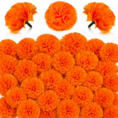 Artificial Marigold Flowers Heads for Dia De Los Muertos Decorations - Orange, Bulk 30pcs