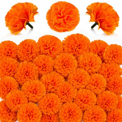 Artificial Marigold Flowers Heads for Dia De Los Muertos Decorations - Orange, Bulk 30pcs
