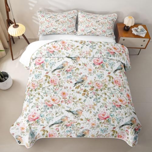 Watercolor Garden Quilt Set Full Pink Green – Sparrow Floral Bedding with Pillowcases