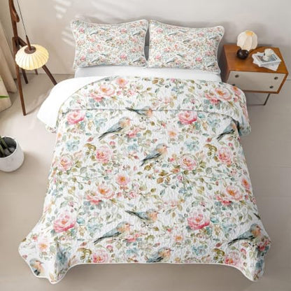Watercolor Garden Quilt Set Full Pink Green – Sparrow Floral Bedding with Pillowcases