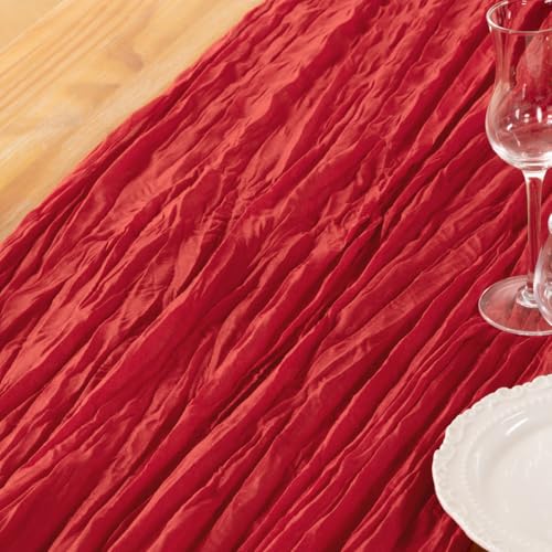 DeZerlor Red Cheesecloth Table Runner - Christmas Boho Rustic Decor, 35 x 120 Inches, 1 Pack