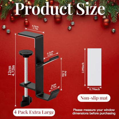 4 Pack Adjustable Stocking Holders for Mantle - XL Black, Fits 0.3-3.46 Inches
