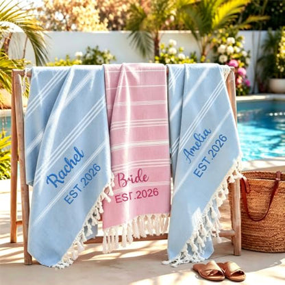 Personalized Turkish Beach Towel with Embroidered Name - Light Blue 40x71 Oversized Pool & Beach Accessory