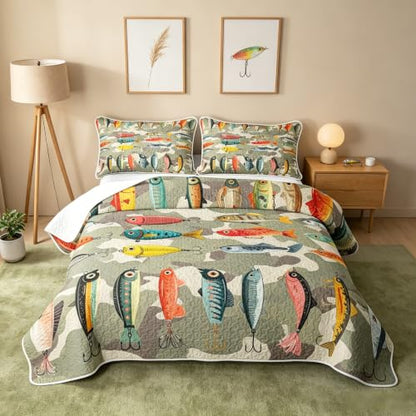 Feelyou Fishing Quilt Set for Queen Bed Sea Fishing Coverlet Bedding with Pillowcases - Moss Green & Multicolor