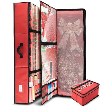Red Large Gift Wrap Storage Container with Ribbon Dispenser and Pockets