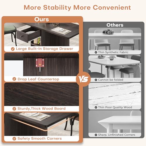 Jocoevol Space Saving Folding Dining Table for 4 - Walnut, Drop Leaf Kitchen Table with Drawer & Storage Shelf, 47.2 x 23.6 inches