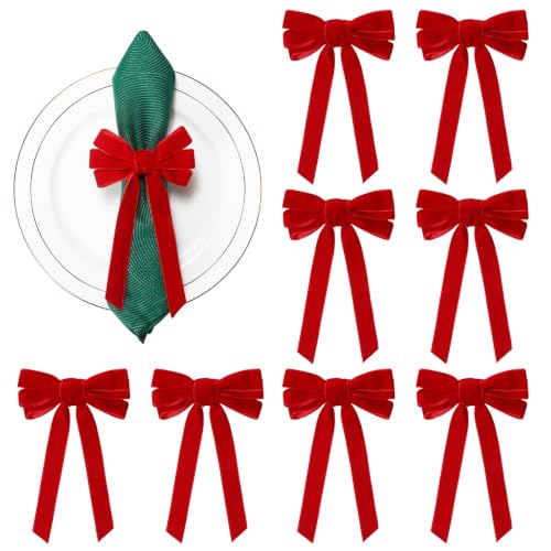 Christmas Napkin Rings Set - Red Velvet Bow 8 Pcs, 7.5 Inch Holiday Decor