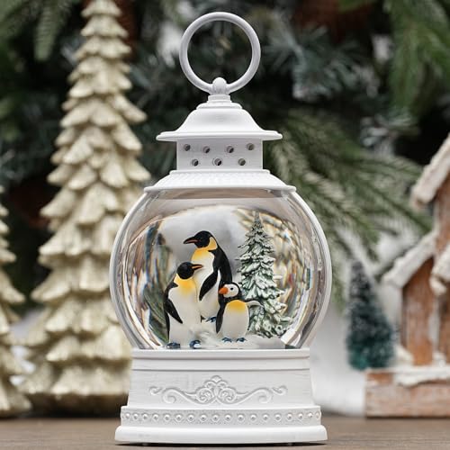 Penguin Snow Globe Lantern Christmas Decor with Music & Timer - Swirling Glitter Lighted Holiday Gift