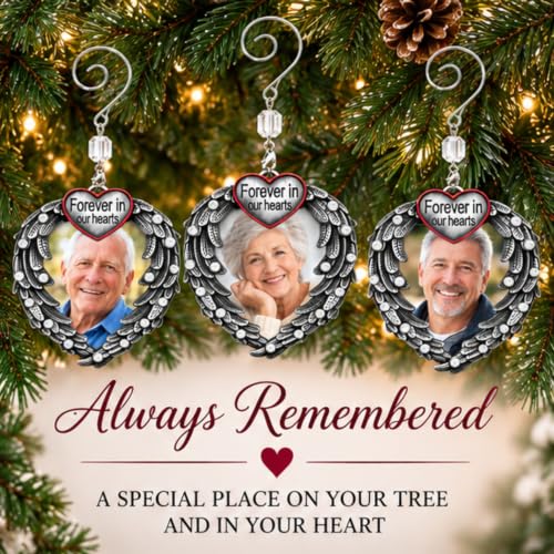Memorial Photo Ornament Set - Silver Heart with Angel Wings, 3 Pack with Storage Bag - Personal Keepsake for Loss of Loved One
