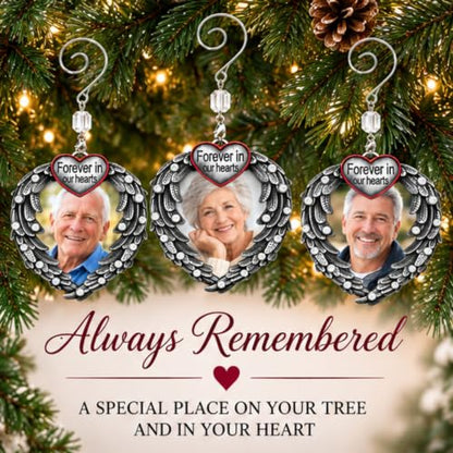 Memorial Photo Ornament Set - Silver Heart with Angel Wings, 3 Pack with Storage Bag - Personal Keepsake for Loss of Loved One