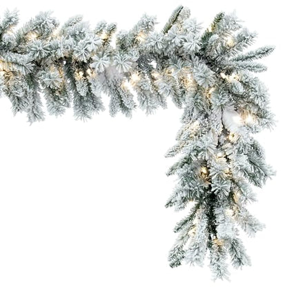 White 9ft x 14in Flocked Artificial Christmas Garland with Pre-Lit Warm White LED Lights