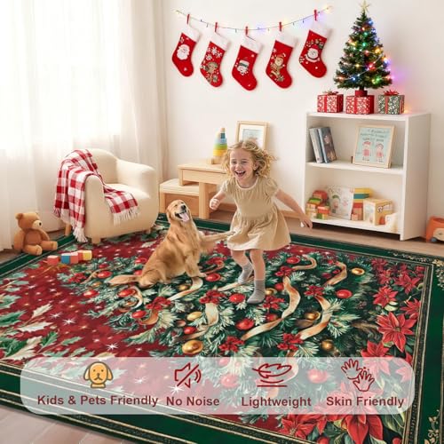 Christmas 5x7 Area Rug - Red Washable Non-Slip Vintage Floor Carpet for Living Room & Kid Room