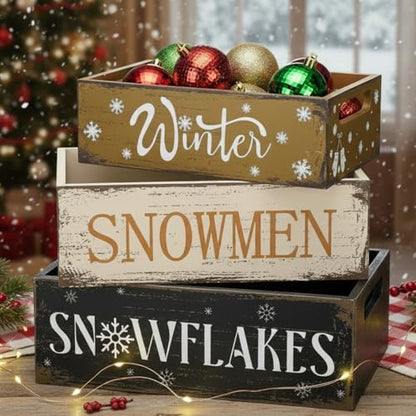 Christmas Wooden Crate Set - Rustic Snowman Snowflakes Holiday Storage Box - Winter Snowman Snowflakes Variation