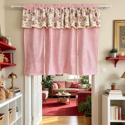 Pink Floral Gingham Tie-Up Balloon Curtain with Lace Trim - 55W x 63L