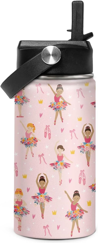 Skiennix Kids Water Bottle - 12oz Insulated Stainless Steel Tumbler with Straw | Ballet Design for School