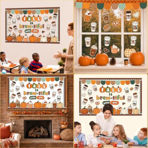 Fall Bulletin Board Decor Set with Coffee Cup & Autumn Cutouts for Classroom