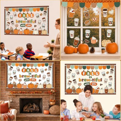 Fall Bulletin Board Decor Set with Coffee Cup & Autumn Cutouts for Classroom