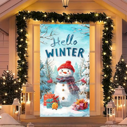 Christmas Snowman Door Cover 35x71 Inch Seasonal Wall Banner