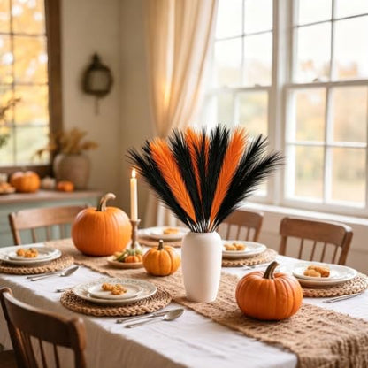 Black Orange Faux Pampas Grass Set - 17 Inch Halloween & Fall Decor, 30 Pieces