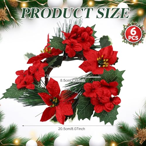 Christmas Candle Rings Set with Red Poinsettia and Pine Decor - 6 Pack