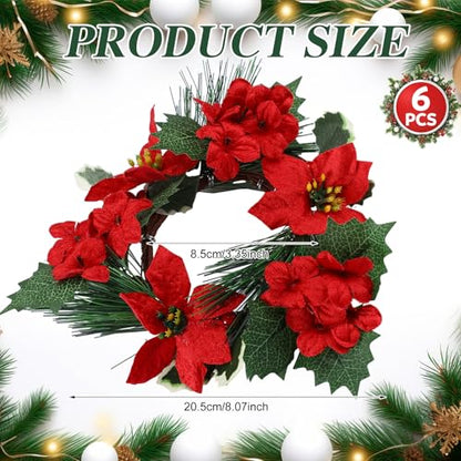 Christmas Candle Rings Set with Red Poinsettia and Pine Decor - 6 Pack