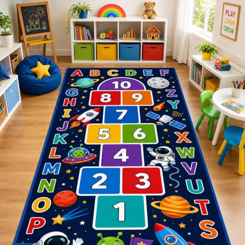 Space Hopscotch Mat for Kids, ABC Play Rug for Boys Room 2x5ft - Color 3